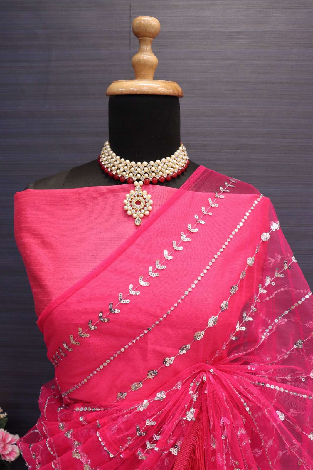 Rani Pink color Butterfly Net with Embroidery work Designer saree collection at best rate
